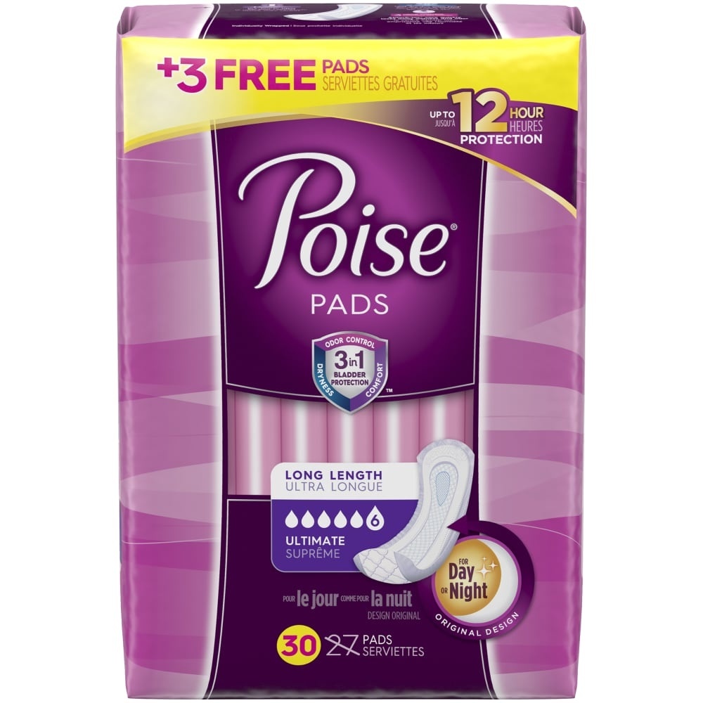 slide 1 of 1, Poise Incontinence Pads, Ultimate Absorbency, Long, 30 Count, 1 ct