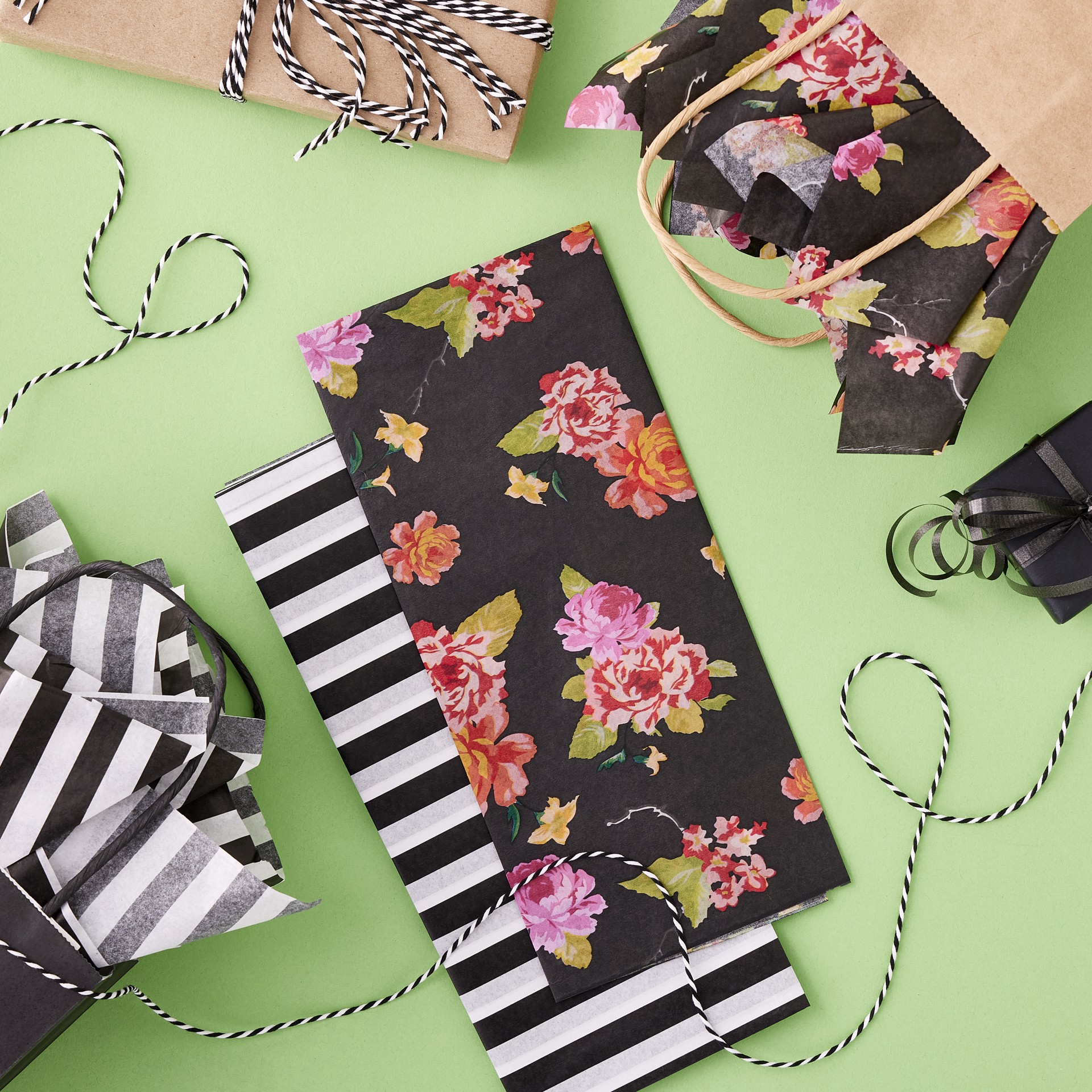 slide 2 of 4, Floral & Black Striped Tissue Papers By Celebrate It, 20 in x 26 in