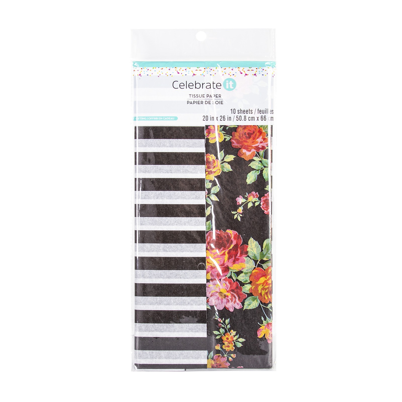 slide 3 of 4, Floral & Black Striped Tissue Papers By Celebrate It, 20 in x 26 in