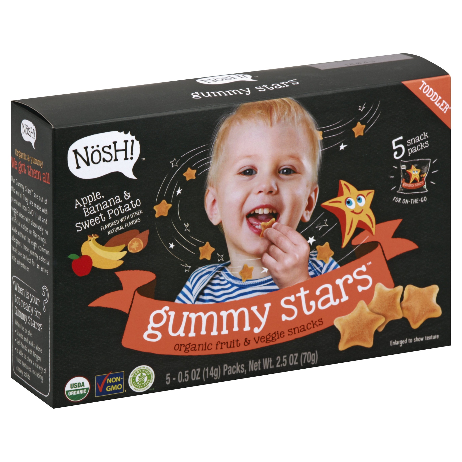 slide 1 of 5, Nosh! Apple, Banana & Sweet Potato Gummy Stars, 2.5 oz