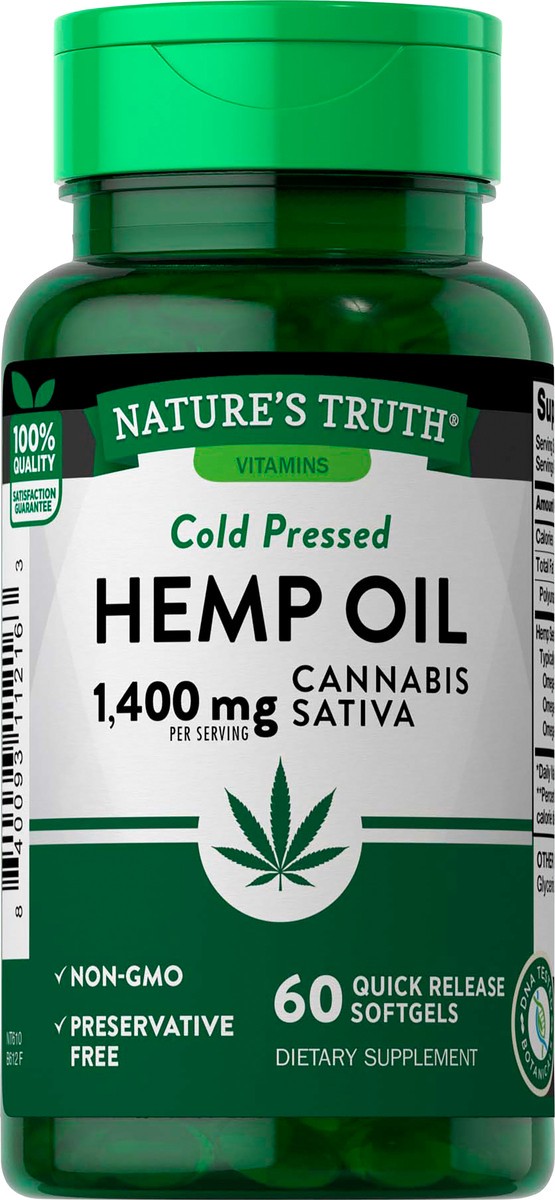 slide 2 of 5, Nature's Truth 1400 mg Cold Pressed Hemp Oil 60 Softgels, 60 ct