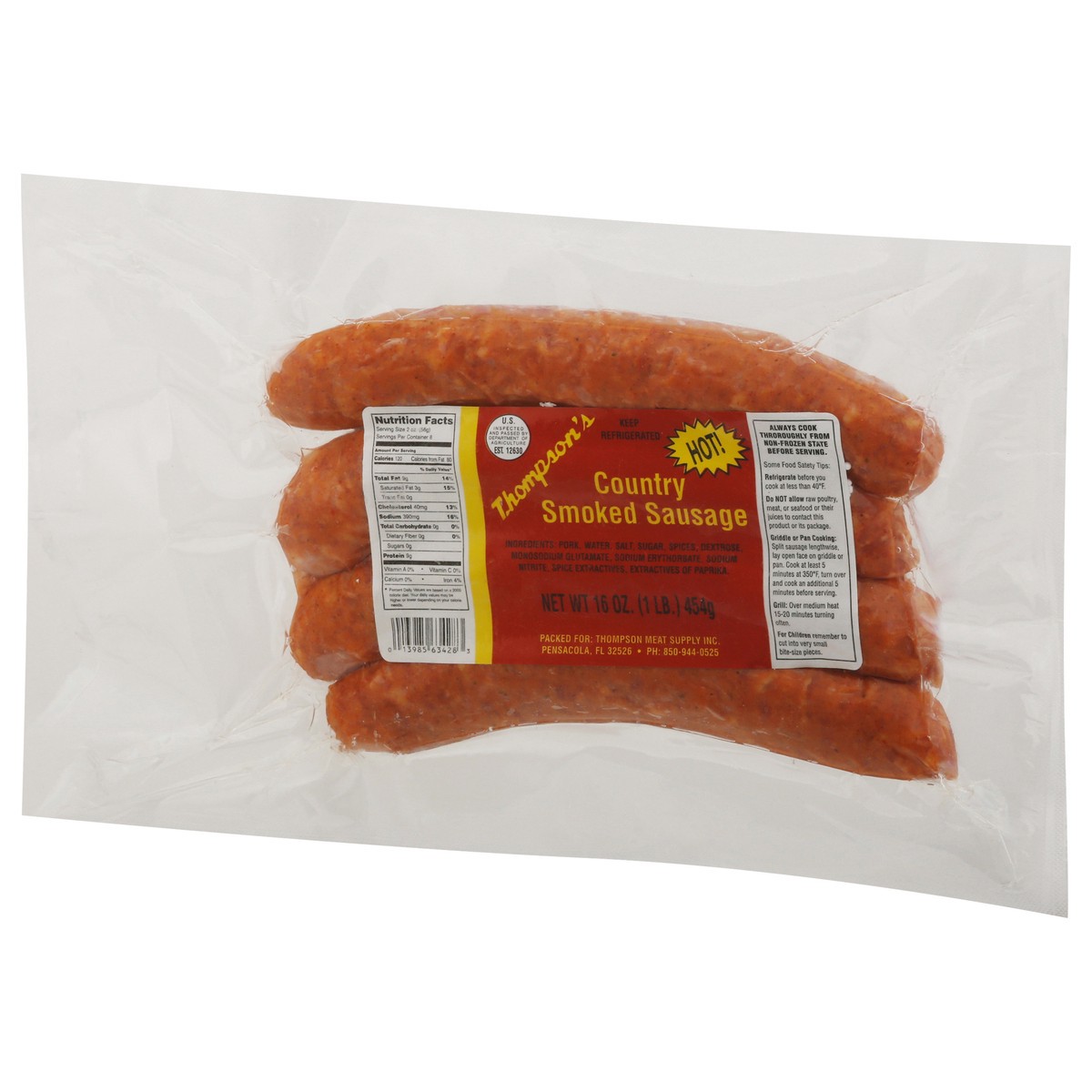 slide 3 of 9, Thompson's Hot Country Smoked Sausage 16 oz, 1 lb