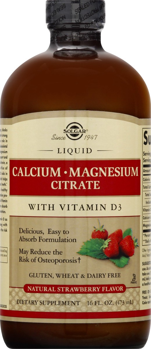 slide 1 of 11, Solgar Liquid Natural Strawberry Flavor Calcium-Magnesium Citrate 16 oz, 16 oz