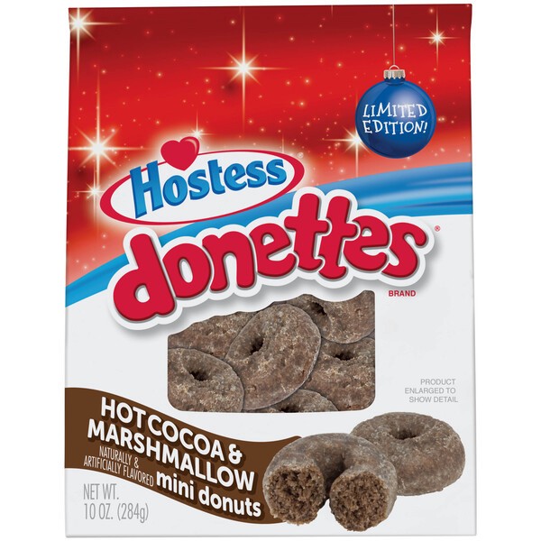 slide 1 of 5, HOSTESS Hot Cocoa & Marshmallow DONETTES , Mini Chocolate Donuts, Holiday Limited Edition – Bag, 10 oz, 10.5 oz