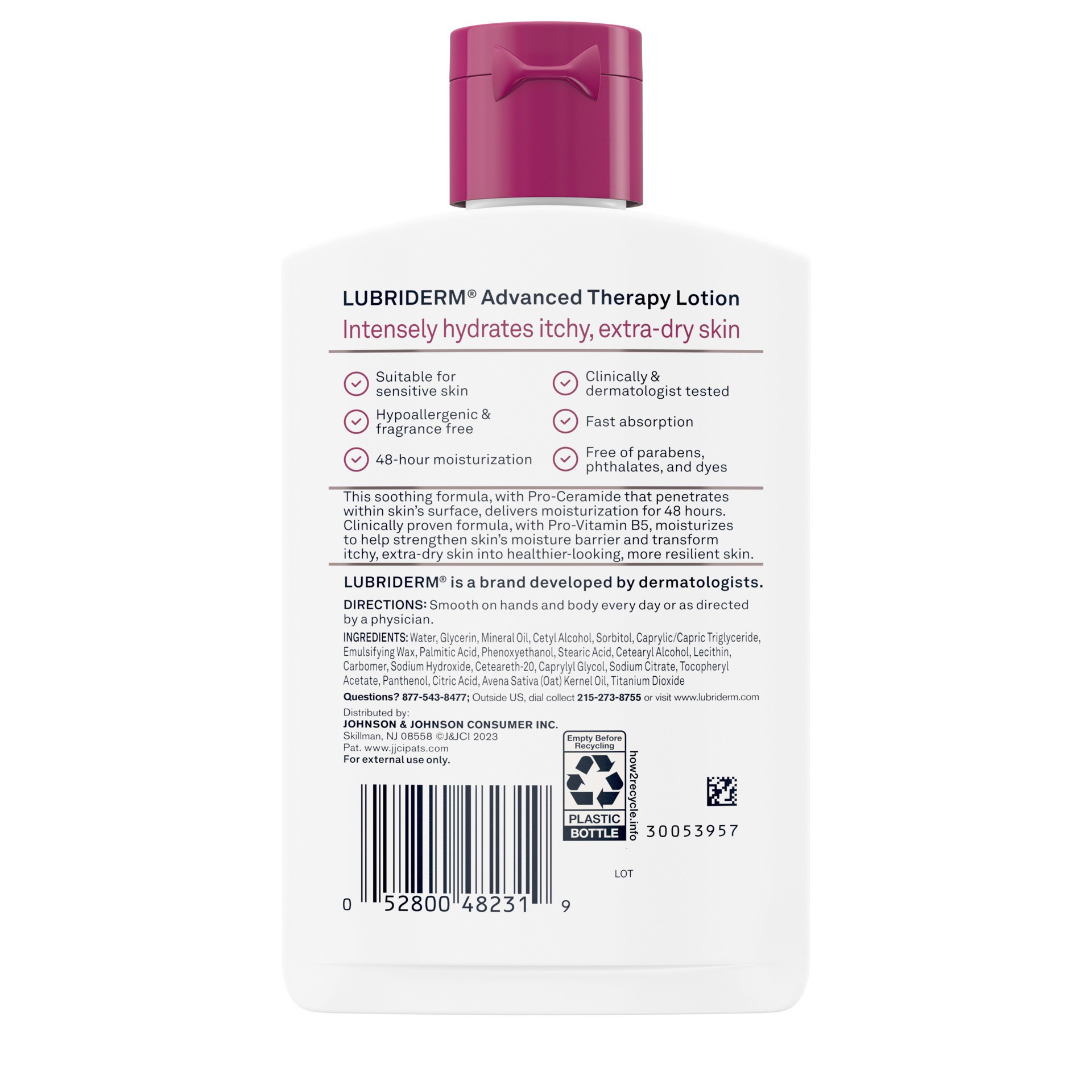 slide 2 of 9, Lubriderm Advanced Therapy Fragrance Free Moisturizing Hand & Body Lotion + Pro-Ceramide with Vitamins E & Pro-Vitamin B5, Intense Hydration for Itchy, Extra Dry Skin, Non-Greasy, 6 fl. oz, 6 fl oz