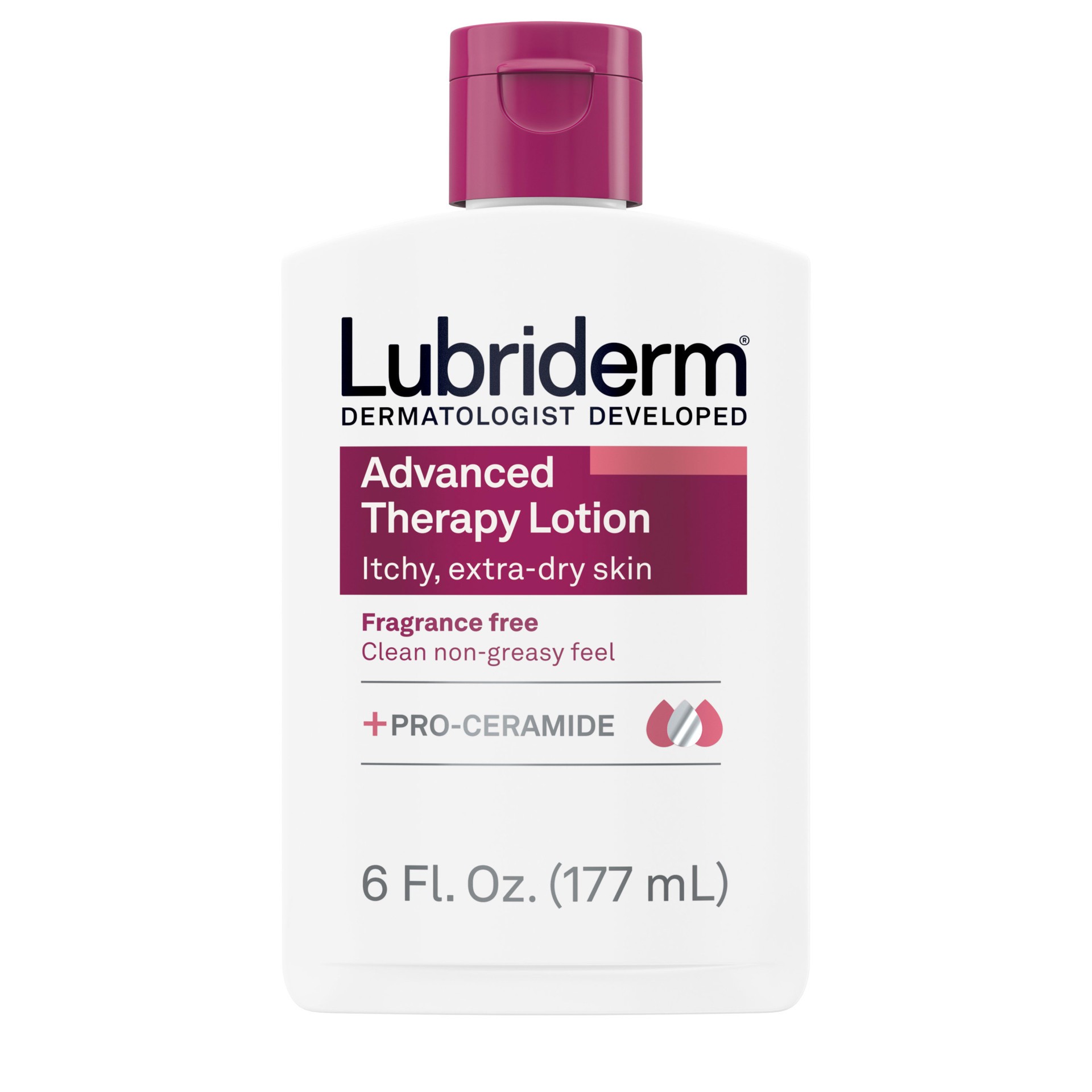 slide 1 of 9, Lubriderm Advanced Therapy Fragrance Free Moisturizing Hand & Body Lotion + Pro-Ceramide with Vitamins E & Pro-Vitamin B5, Intense Hydration for Itchy, Extra Dry Skin, Non-Greasy, 6 fl. oz, 6 fl oz