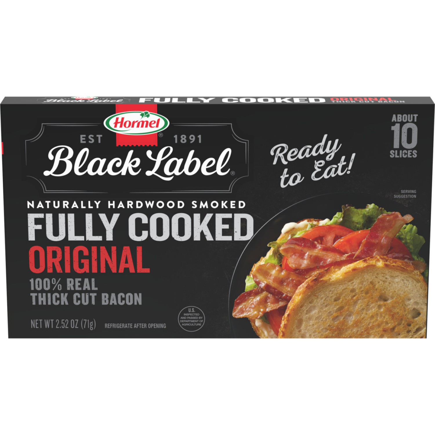 slide 1 of 7, HORMEL BLACK LABEL Thick Cut Fully Cooked Bacon, 2.52 oz