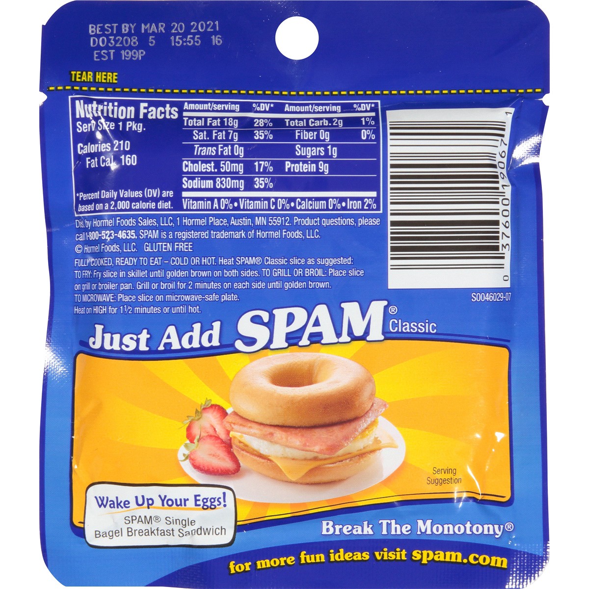 slide 2 of 2, SPAM Single Classic Sliced Meat 2.5 oz. Pouch, 2.5 oz
