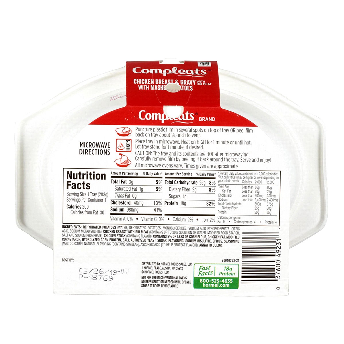 slide 2 of 2, HORMEL COMPLEATS Chicken Breast with Rib Meat & Mashed Potatoes with Gravy Microwave Meal, 10 oz