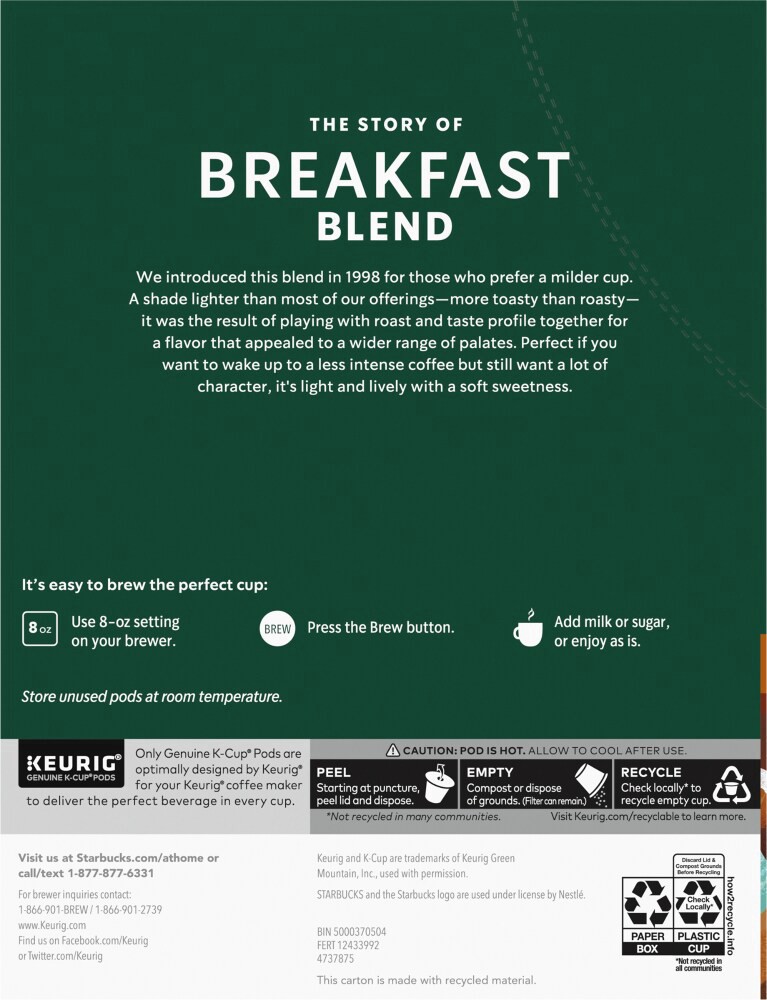 slide 2 of 6, Starbucks Breakfast Blend K-Cups 22/Box 9736, 1 ct