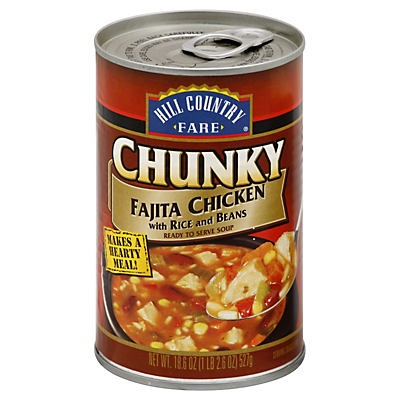 slide 1 of 1, Hill Country Fare Chunky Fajita Chicken with Rice and Beans Soup, 18.6 oz