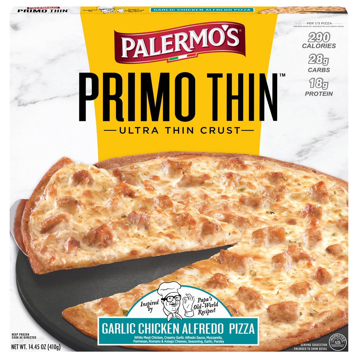 slide 1 of 9, Palermo's Primo Thin Ultra Thin Crust Garlic Chicken Alfredo Pizza 14.45 oz, 14.45 oz