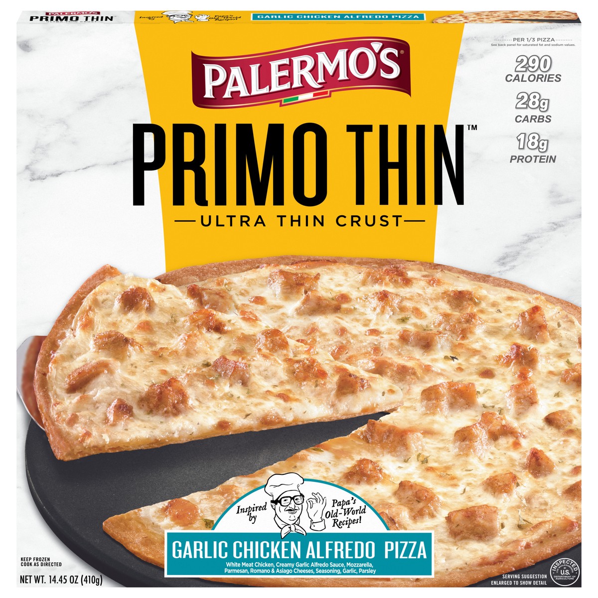 slide 1 of 9, Palermo's Primo Thin Ultra Thin Crust Garlic Chicken Alfredo Pizza 14.45 oz, 14.45 oz