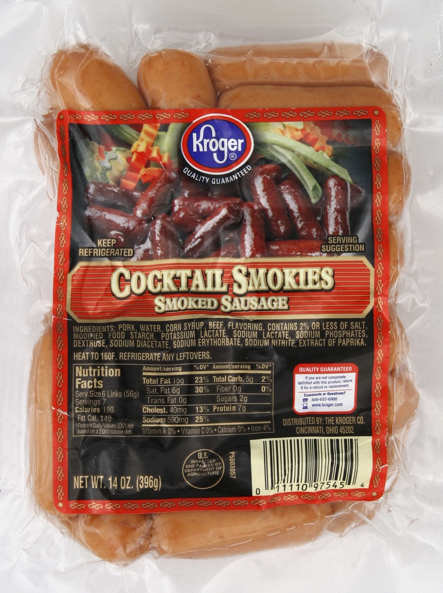 slide 5 of 5, Kroger Smoked Sausage Cocktail Smokies, 14 oz