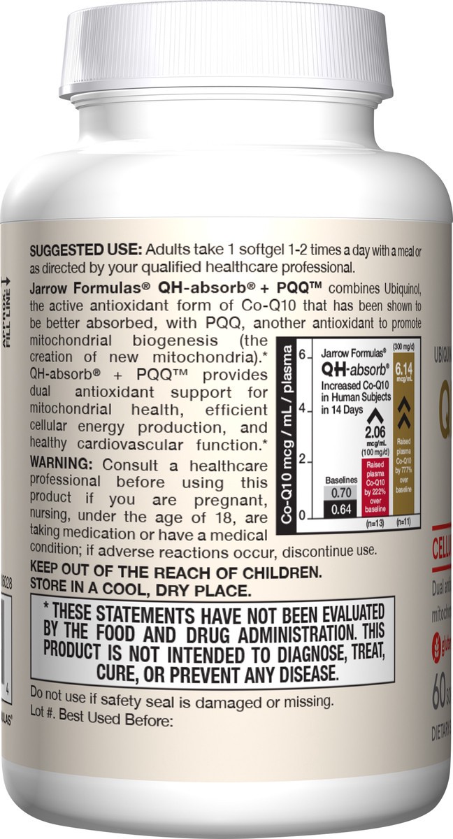 slide 2 of 9, Jarrow Formulas QH-absorb + PQQ - 100 mg Ubiquinol - Up to 60 Servings (Softgels) - Cellular Renewal & Antioxidant Support for Mitochondrial Biogenesis - Dietary Supplement - Gluten Free, 60 ct