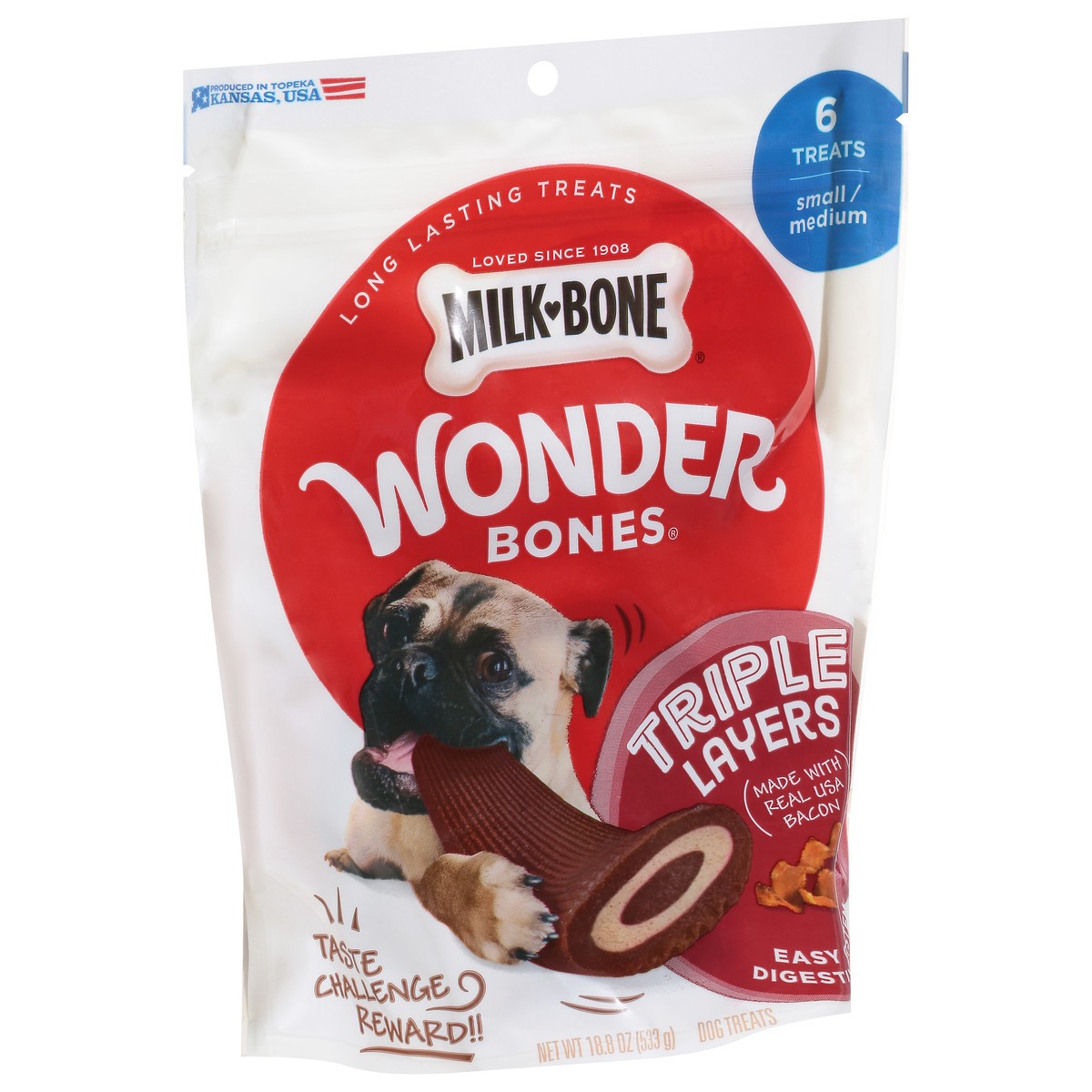 slide 2 of 10, Milk-Bone Wonder Bones Triple Layers Long-Lasting Dog Treats Made with Real USA Raised Bacon, Small/Medium Size, 6 Count, 18.8 oz