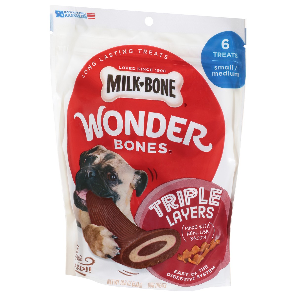 slide 3 of 10, Milk-Bone Wonder Bones Triple Layers Long-Lasting Dog Treats Made with Real USA Raised Bacon, Small/Medium Size, 6 Count, 18.8 oz