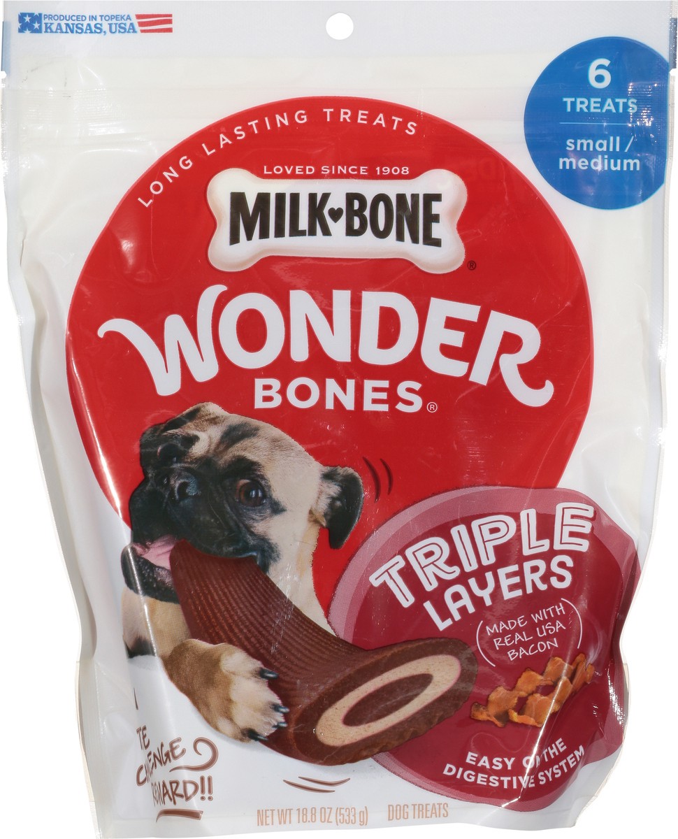 slide 8 of 10, Milk-Bone Wonder Bones Triple Layers Long-Lasting Dog Treats Made with Real USA Raised Bacon, Small/Medium Size, 6 Count, 18.8 oz