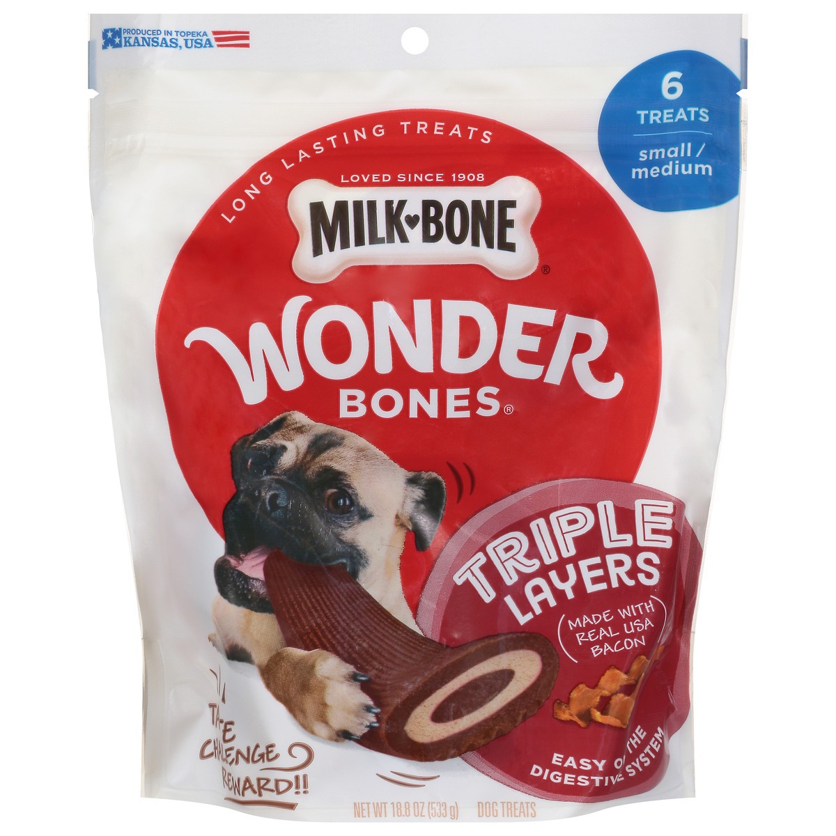 slide 10 of 10, Milk-Bone Wonder Bones Triple Layers Long-Lasting Dog Treats Made with Real USA Raised Bacon, Small/Medium Size, 6 Count, 18.8 oz