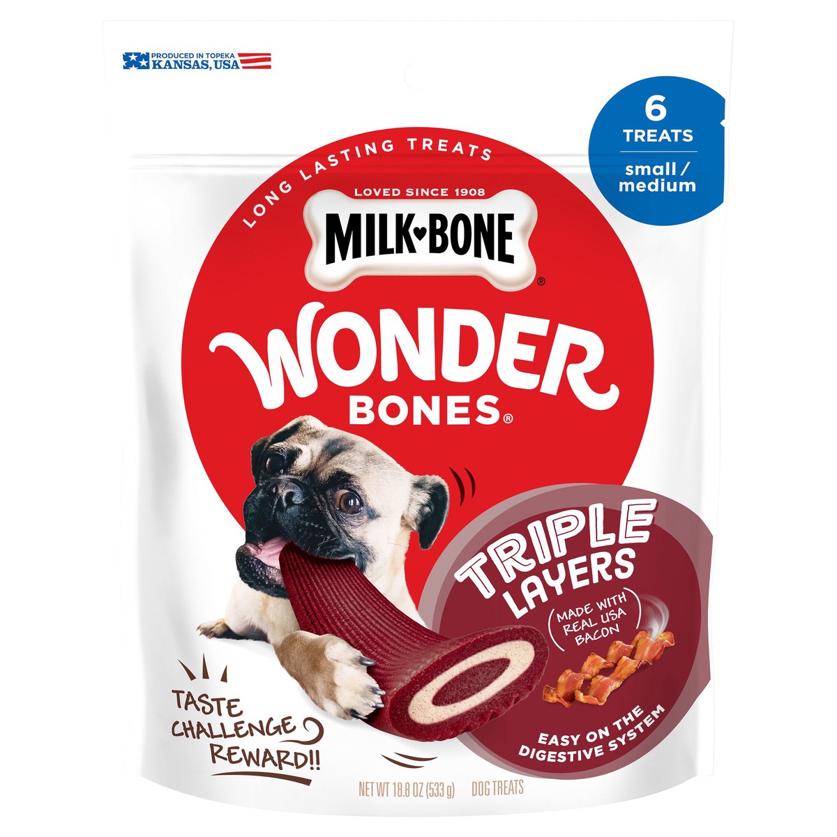 slide 1 of 10, Milk-Bone Wonder Bones Triple Layers Long-Lasting Dog Treats Made with Real USA Raised Bacon, Small/Medium Size, 6 Count, 18.8 oz