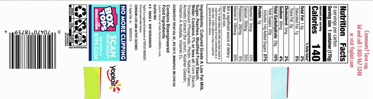 slide 5 of 9, Yoplait Original Low Fat Yogurt, Harvest Peach, Made with Real Fruit, 8 Yogurt Cups, 48 oz, 8 ct