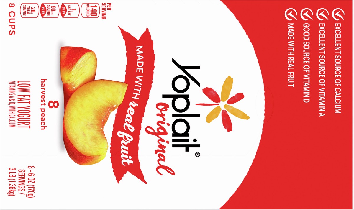 slide 2 of 9, Yoplait Original Low Fat Yogurt, Harvest Peach, Made with Real Fruit, 8 Yogurt Cups, 48 oz, 8 ct