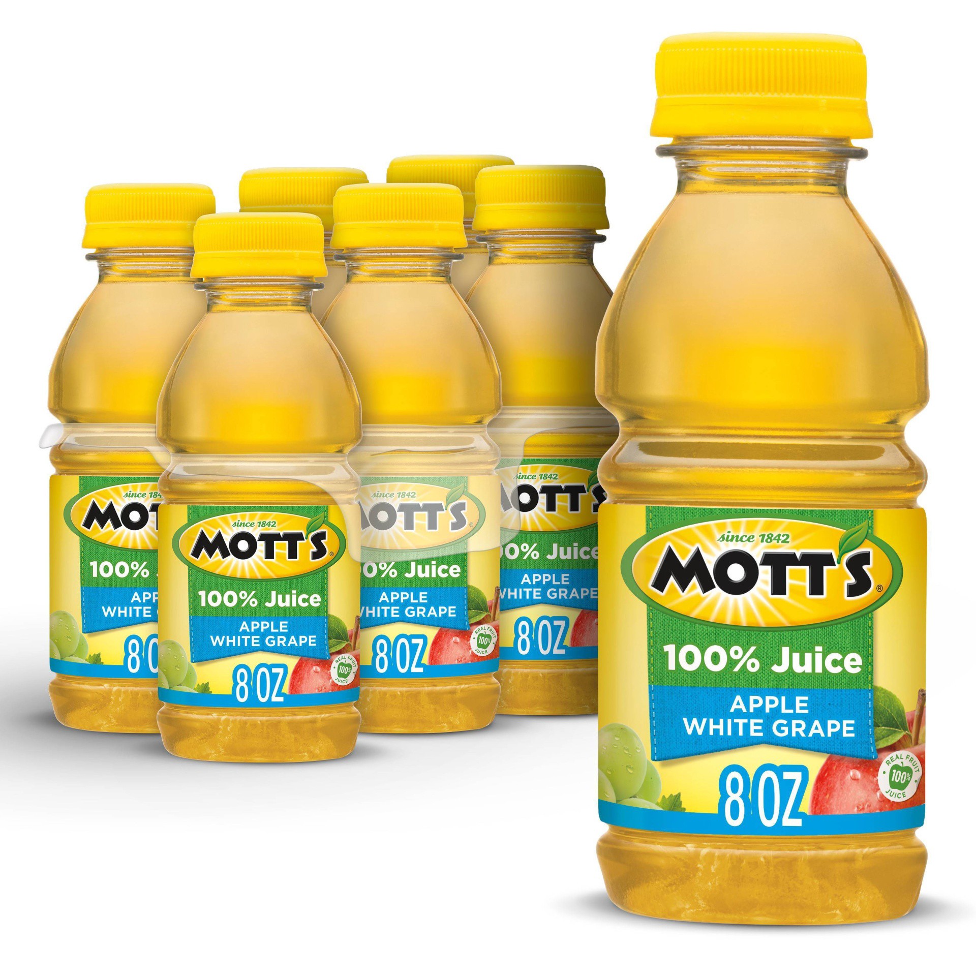 slide 1 of 7, Mott's 100% Apple White Grape Juice, 8 fl oz bottles, 6 pack, 6 ct