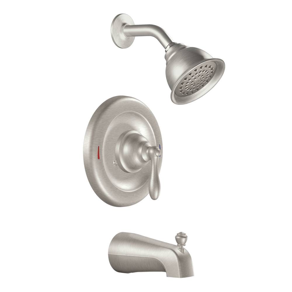 slide 1 of 6, Moen Caldwell Spot Resist Brushed Nickel 1-handle 4-in Round Bathtub and shower Faucet with Valve (Single Function), 1 ct