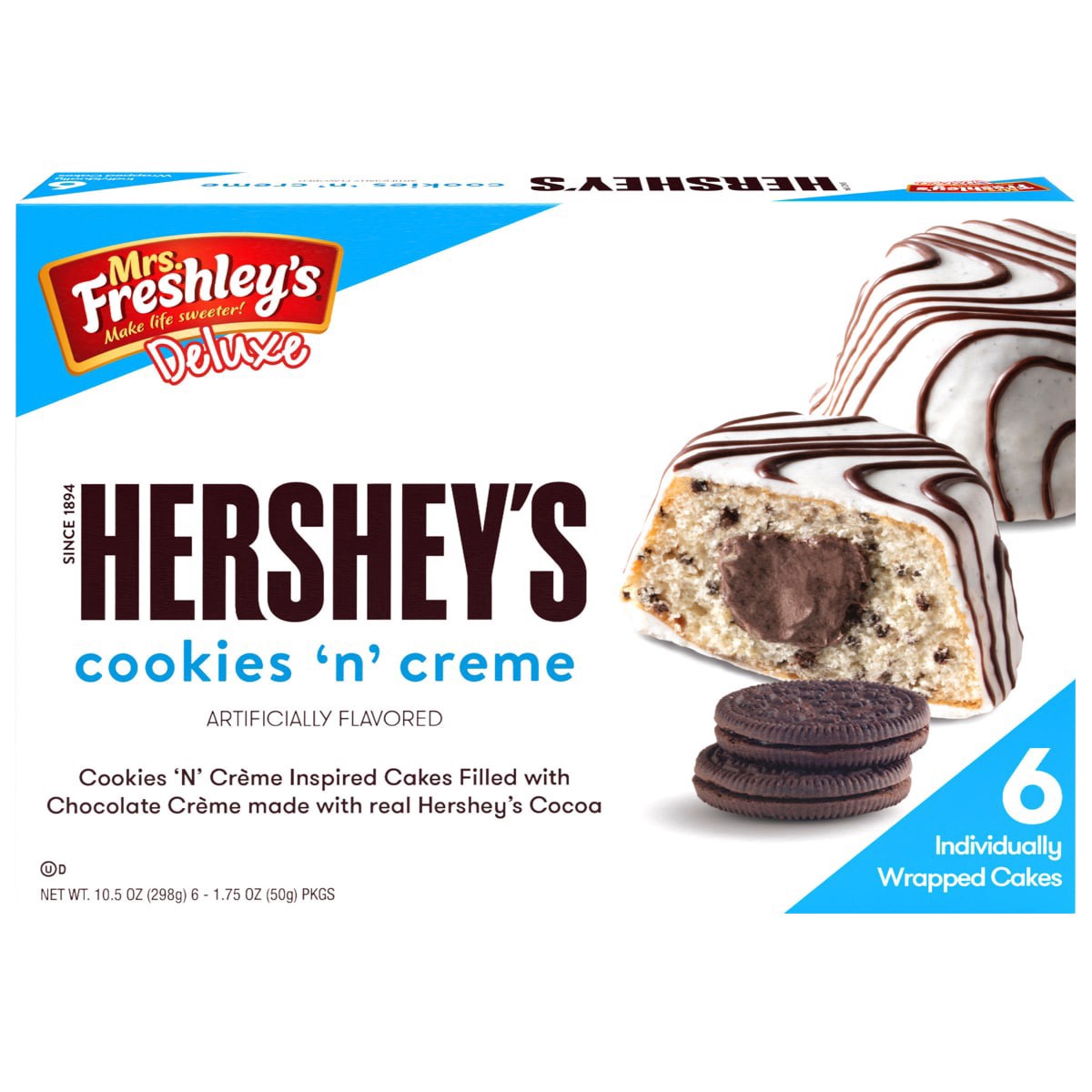 slide 1 of 5, Mrs. Freshley's Deluxe HERSHEY'S COOKIES 'N' CREME Cakes, 6 Count, 6 Individually Wrapped Cakes, 6 ct; 10.5 oz