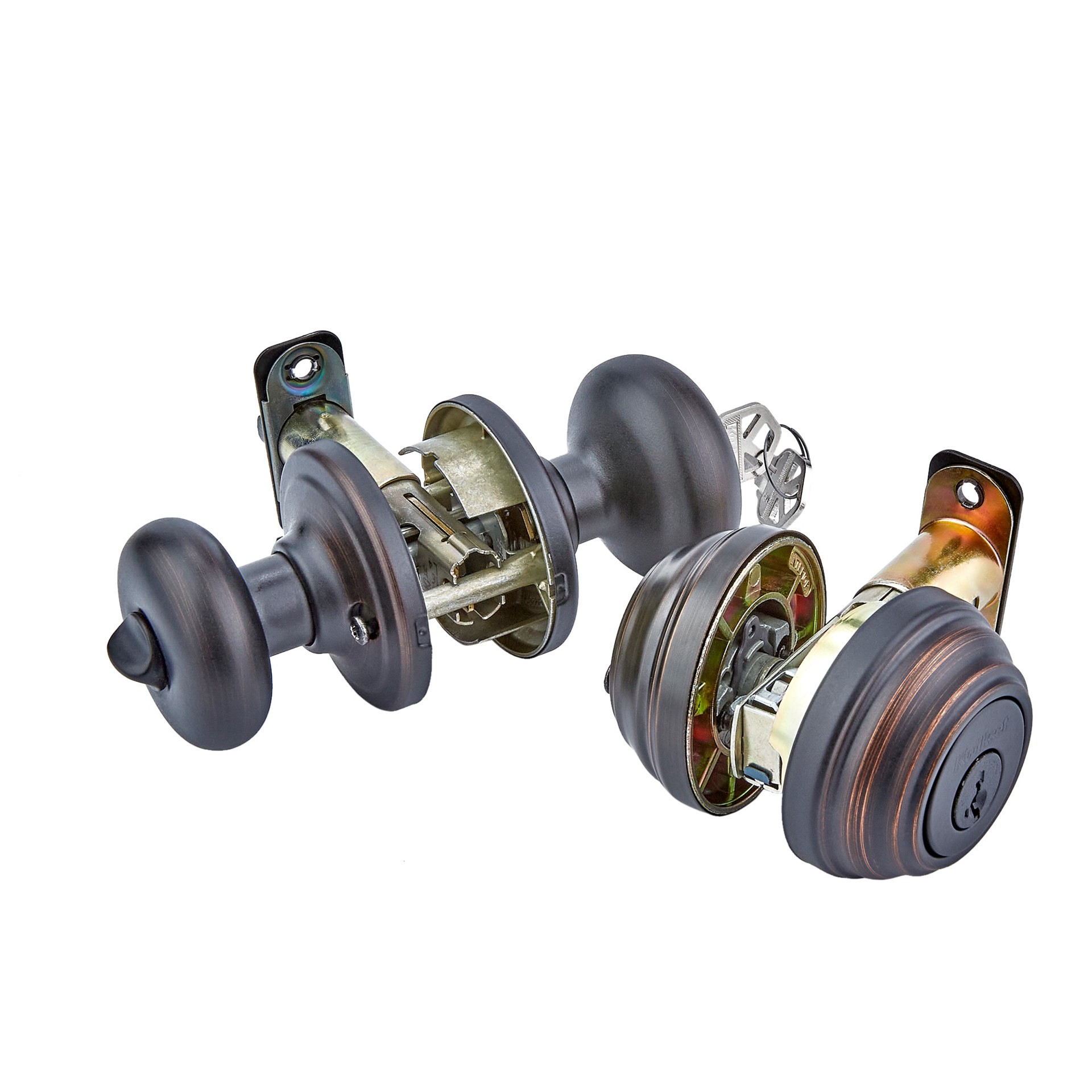 slide 2 of 6, Kwikset Signature Series Juno Venetian Bronze Exterior Double-Cylinder Deadbolt and Keyed Entry Door Knob Combo Pack ft. SmartKey Security, 1 ct
