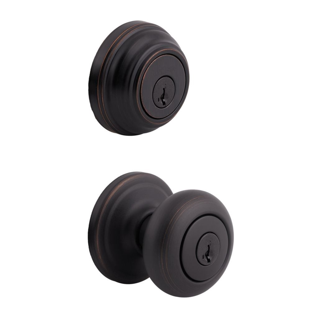 slide 1 of 6, Kwikset Signature Series Juno Venetian Bronze Exterior Double-Cylinder Deadbolt and Keyed Entry Door Knob Combo Pack ft. SmartKey Security, 1 ct