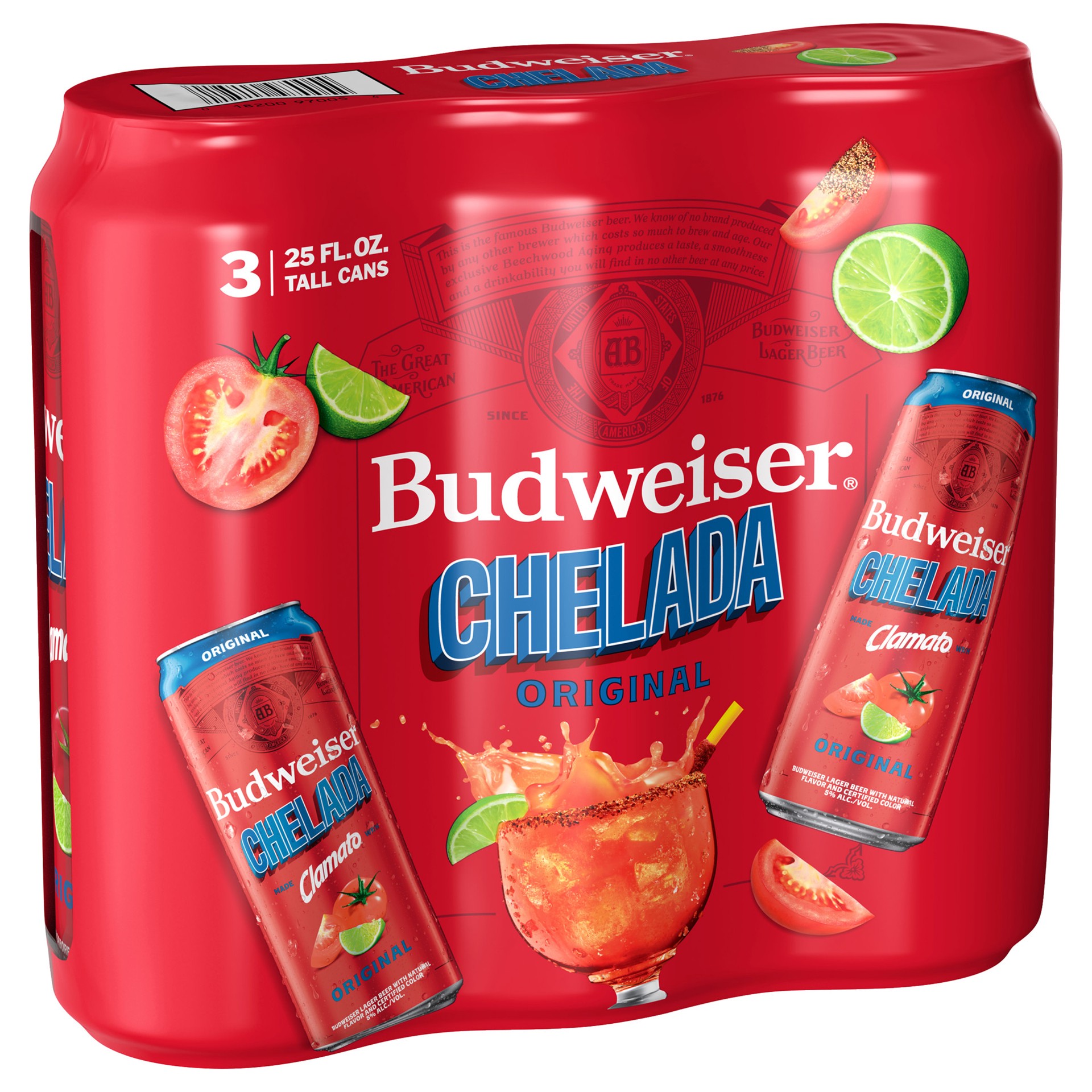 slide 1 of 3, Budweiser Chelada Original Clamato Beer, 3 Pack 25 fl oz Cans, 5.0% ABV, 75 fl oz