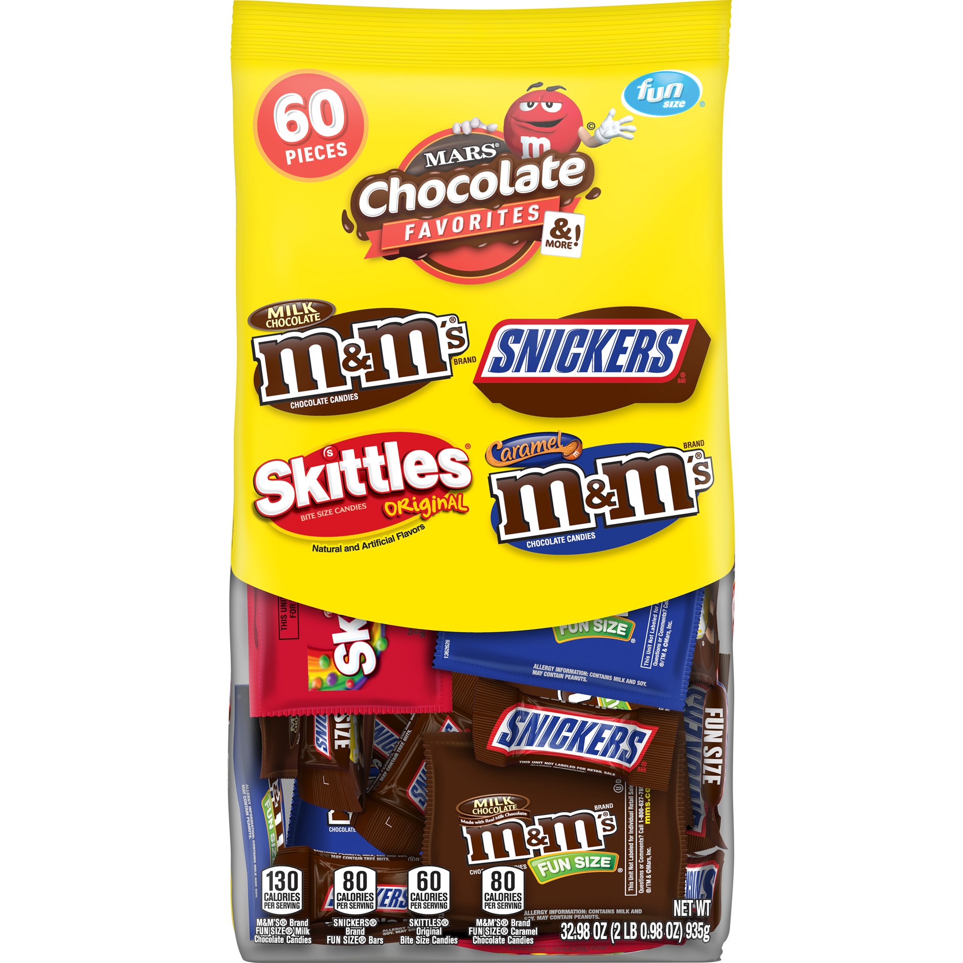 slide 1 of 12, Mixed M&M'S, SNICKERS & SKITTLES Variety Pack Fun Size Chocolate & Fruity Candy Assortment, 60 Pieces Bag, 32.98 oz