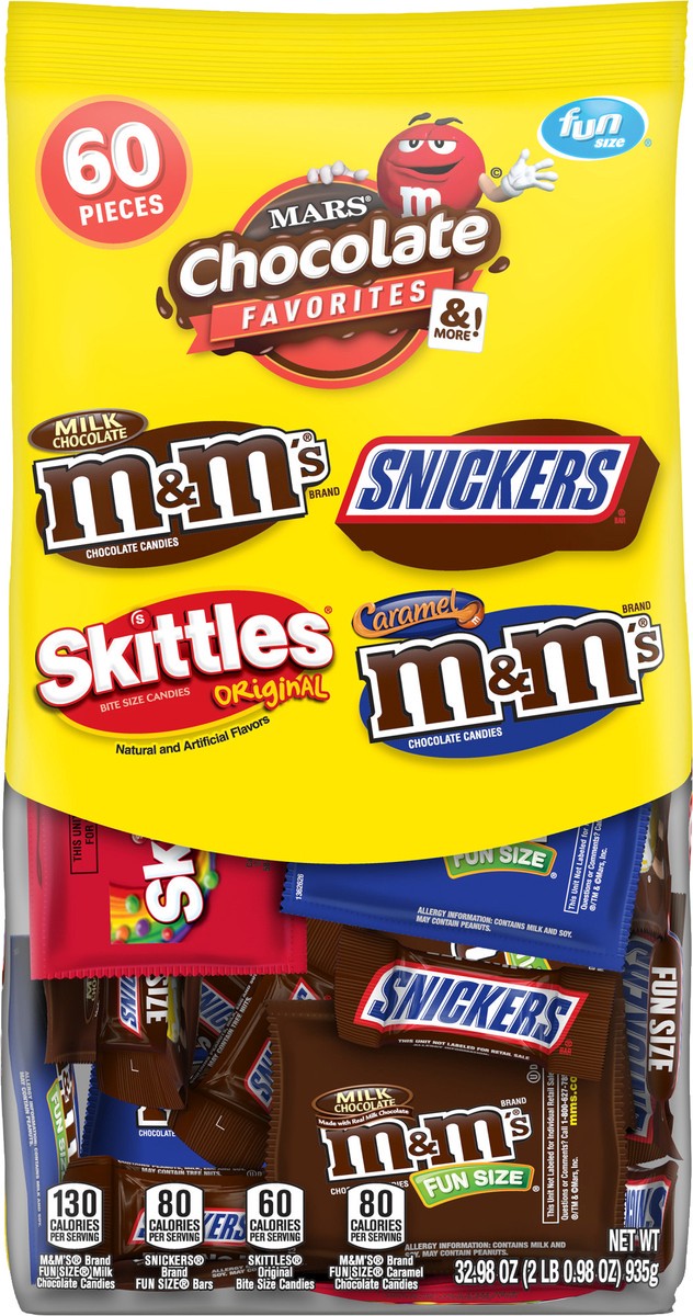 slide 6 of 12, Mixed M&M'S, SNICKERS & SKITTLES Variety Pack Fun Size Chocolate & Fruity Candy Assortment, 60 Pieces Bag, 32.98 oz