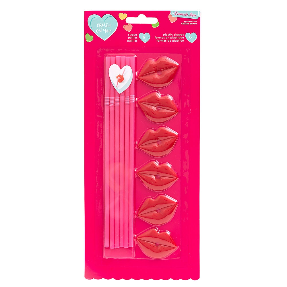 slide 1 of 1, American Crafts Damask Love Valentine's Day Lip Straws, Pink, Pack Of 6 Straws, 6 ct