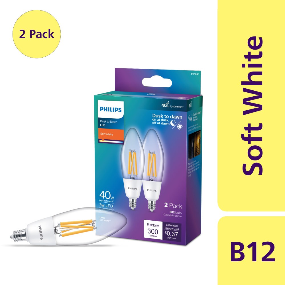 slide 1 of 6, Philips 3 Watt (40 Watt) B12 Dusk to Dawn LED Light Bulb - Soft White, 2 ct