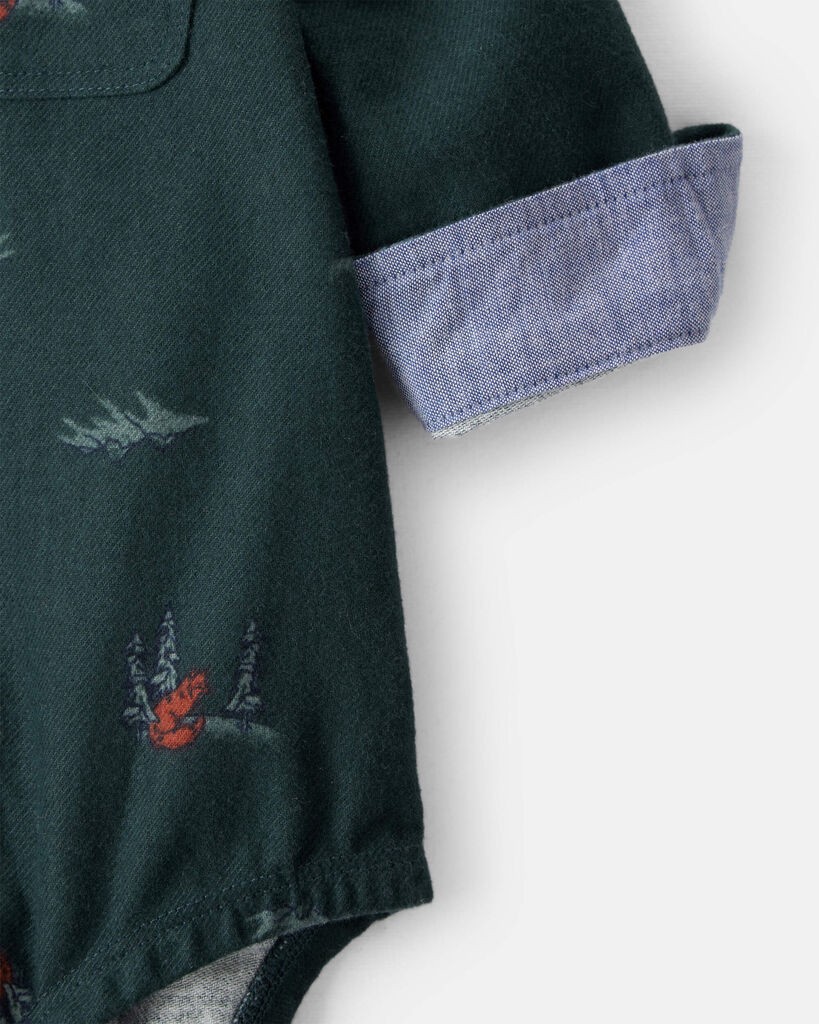 slide 2 of 3, Oshkosh Baby Boy Woodland Fox Long-Sleeve Button-Down Bodysuit - Green Green 18M, 1 ct