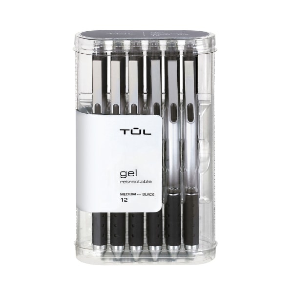 slide 1 of 3, TUL Retractable Gel Pens, Medium Point, Silver Barrel, Black Ink, Pack Of 12 Pens, 12 ct