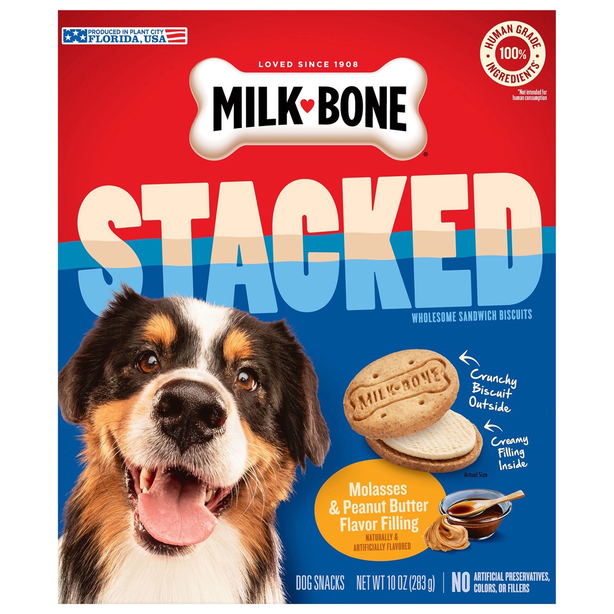 slide 1 of 8, Milk-Bone Stacked Dog Biscuits, Molasses & Peanut Butter Flavor, Naturally & Artificially Flavored, 10 oz, 10 oz