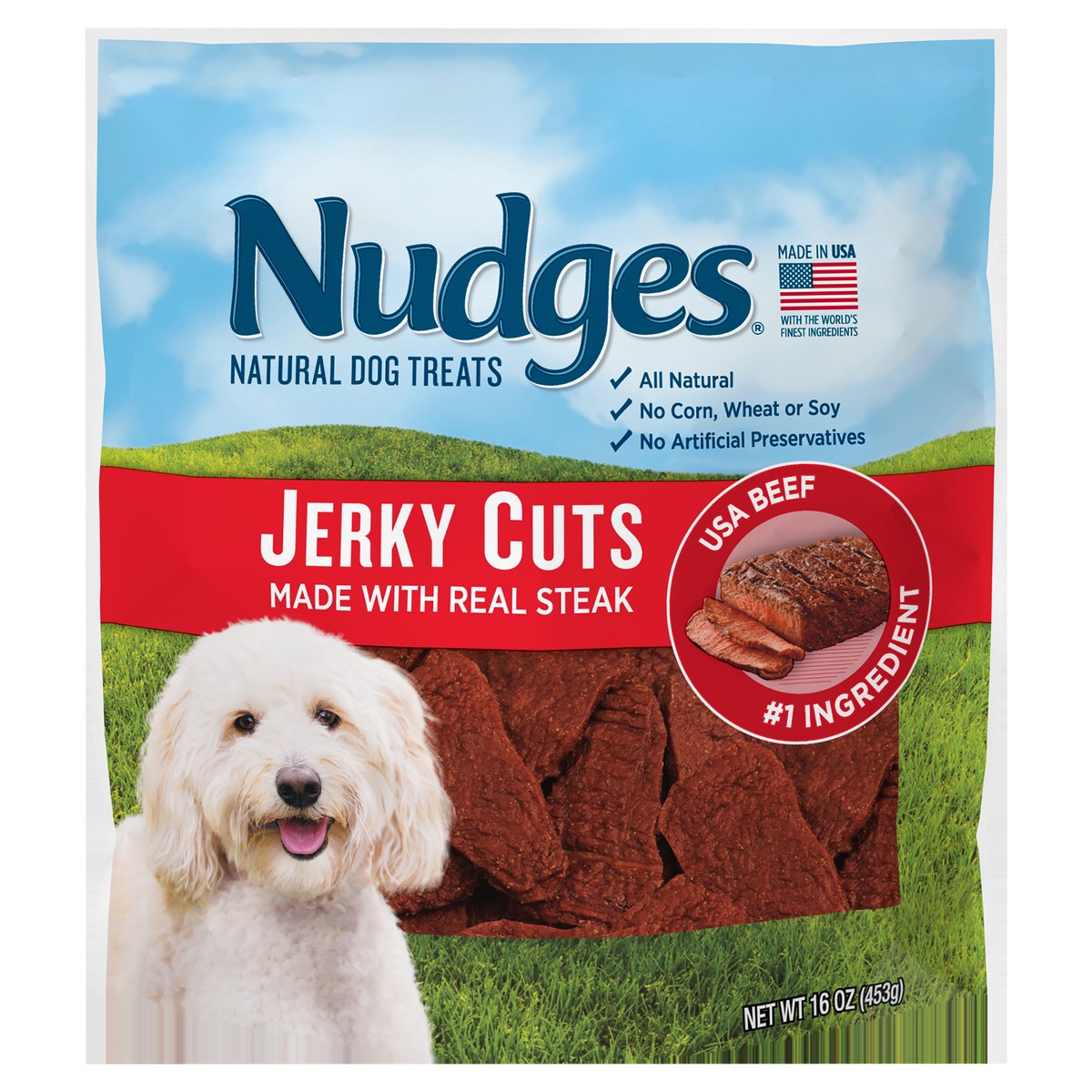 slide 1 of 6, Nudges Jerky Cuts Natural Steak Dog Treats 16 oz, 16 oz