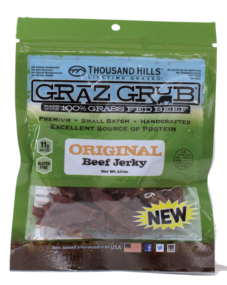 slide 1 of 1, Thousand Hills Graz Grub Grass Fed Beef Jerky, 2 oz