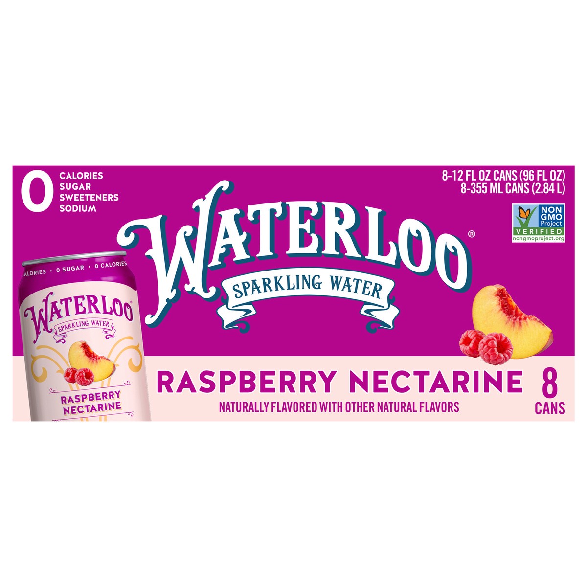 slide 1 of 1, Waterloo Raspberry Nectarine Sparkling Water - 8pk / 12 fl Oz Cans - 8 ct, 8 ct; 12 oz