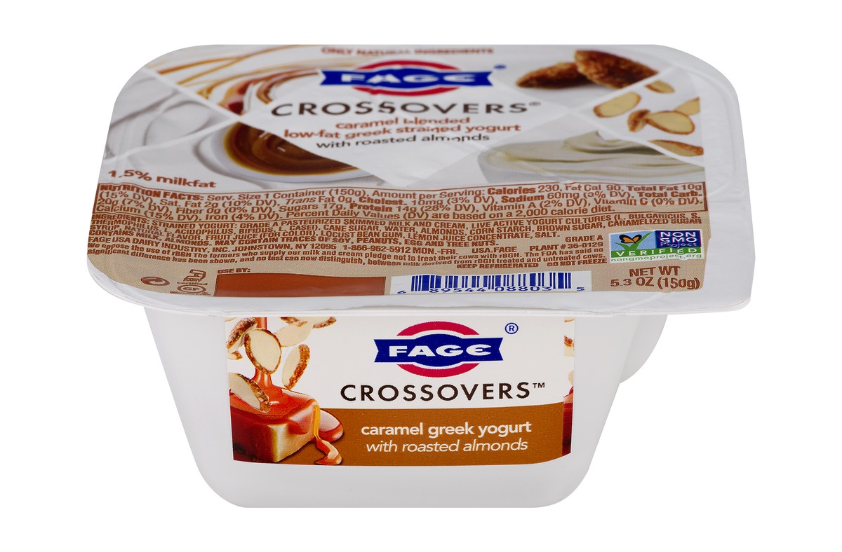slide 1 of 1, Fage Crossovers Caramel Blended Low-Fat Greek Strained Yogurt With Roasted Almonds, 5.3 oz