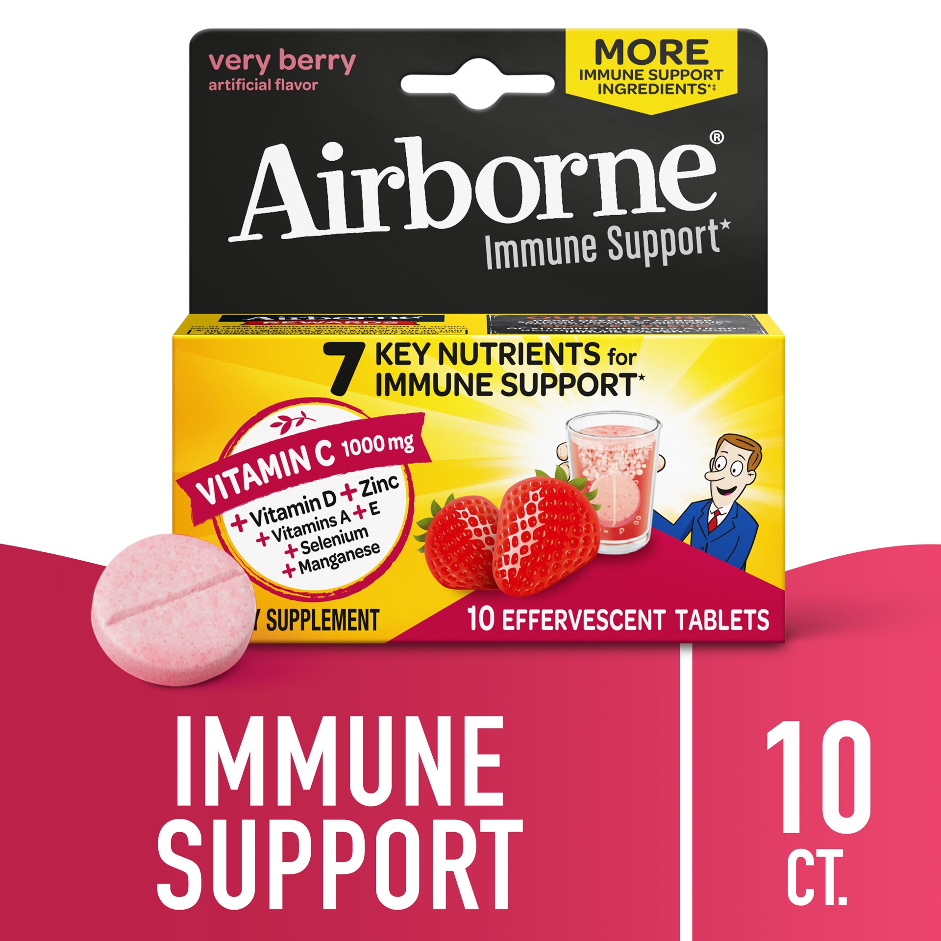 slide 1 of 12, Airborne Very Berry Effervescent Tablets, 10 count - 1000mg of Vitamin C - Immune Support Supplement (Packaging May Vary), 10 ct