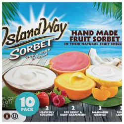 Island Way Sorbet 10 Ct Assorted 4 Flavor - Touch of Cream "Ruby"(Mandarin Orange, Tangy Lemon, Heavenly Coconut, Red Berry & Ruby GF)