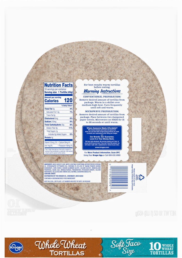slide 2 of 2, Kroger 100% Whole Wheat Tortillas, 10 ct; 16 oz