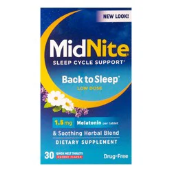 MidNite Back To Sleep Low Dose, 1.5 mg Melatonin Sleep Aid, Non-habit Forming, Herbal Dietary Supplement For Adults, Drug-free, Gluten-free, Lactose-free, Vegetarian, Vegan, 30 Quick Melt Tablets