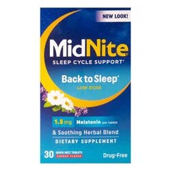 MidNite Back To Sleep Low Dose, 1.5 mg Melatonin Sleep Aid, Non-habit Forming, Herbal Dietary Supplement For Adults, Drug-free, Gluten-free, Lactose-free, Vegetarian, Vegan, 30 Quick Melt Tablets