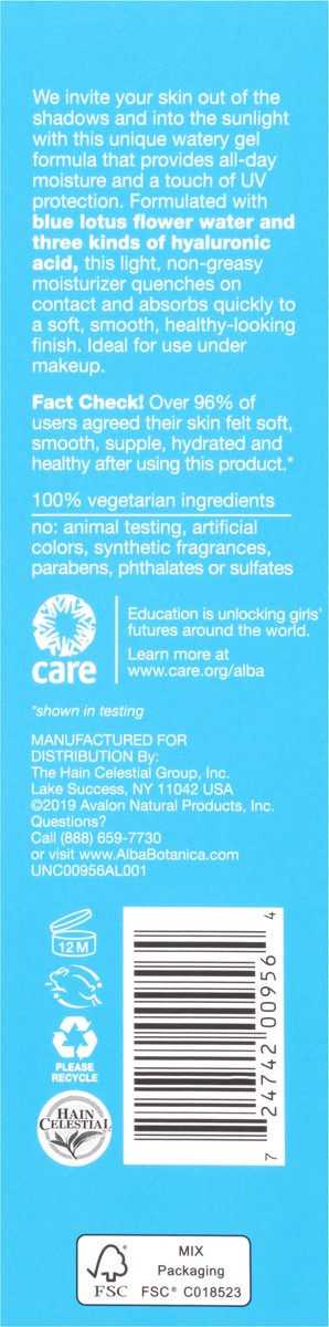 slide 10 of 11, Alba Botanica Hydration Sensation Broad Spectrum SPF 18 Water Gel 2 fl. oz. Box, 2 fl oz