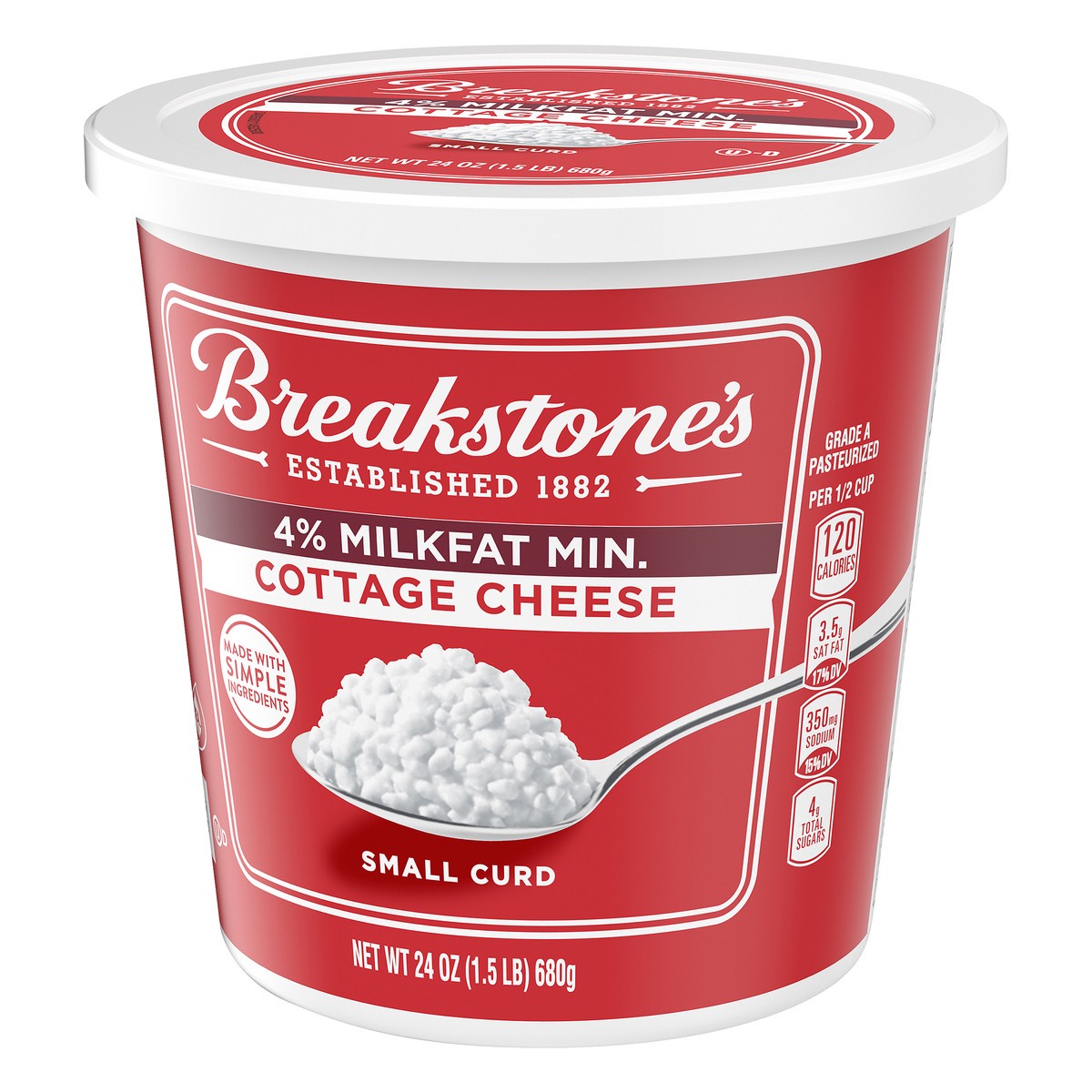 slide 2 of 10, Breakstone's Small Curd Cottage Cheese with 4% Milkfat, 24 oz Tub, 680 g